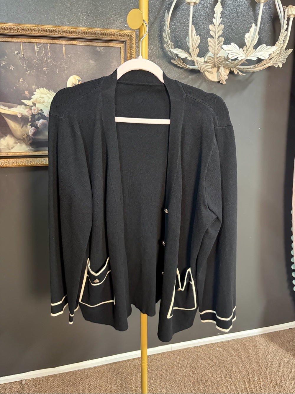 SHEIN Black Open-Front Cardigan with Cream Trim
